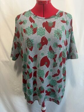 LuLaRoe Short Sleeve Tee in Gray with Red and Green Floral Print